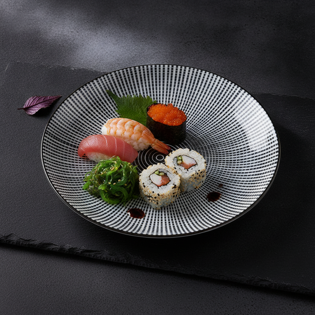 Blue stripe glazed porcelain plate with sushi on a dark slate surface