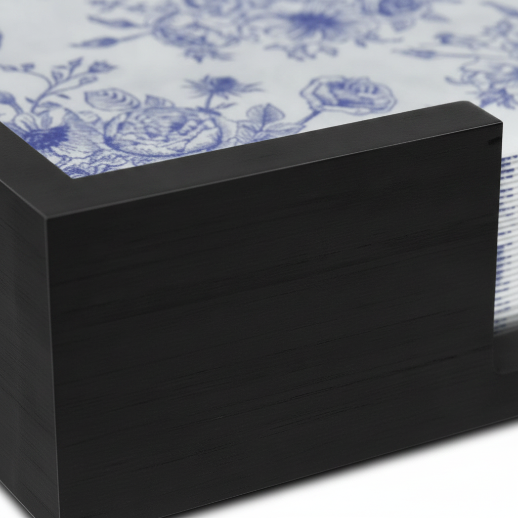 Close-up of the smooth solid black bamboo material and low front notch of the napkin holder