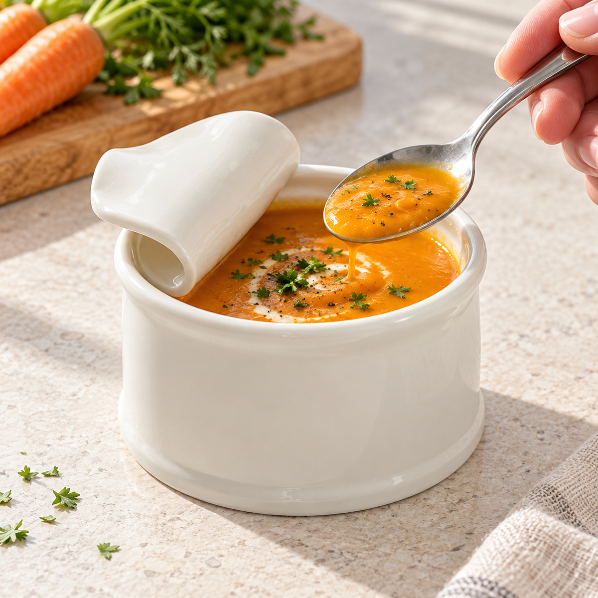 Can-shaped ivory ceramic bowl serving carrot soup