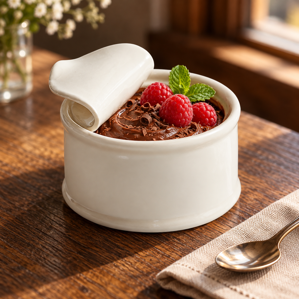 Can-shaped ivory ceramic bowl serving chocolate mousse and raspberries
