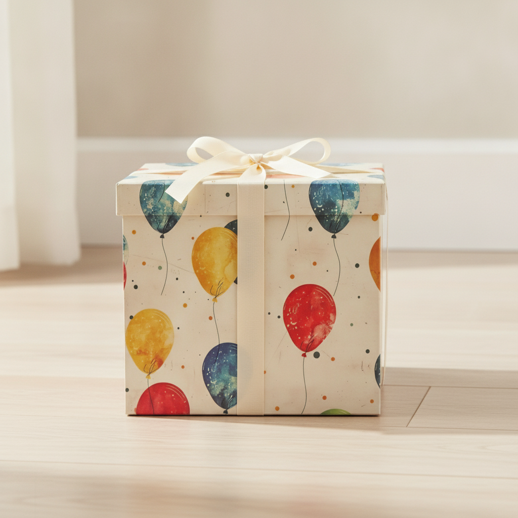 Closed balloon-print gift box with cream ribbon in a bright living room