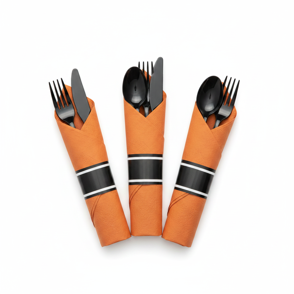Pre-rolled black plastic cutlery wrapped in burnt orange napkins fanned on white