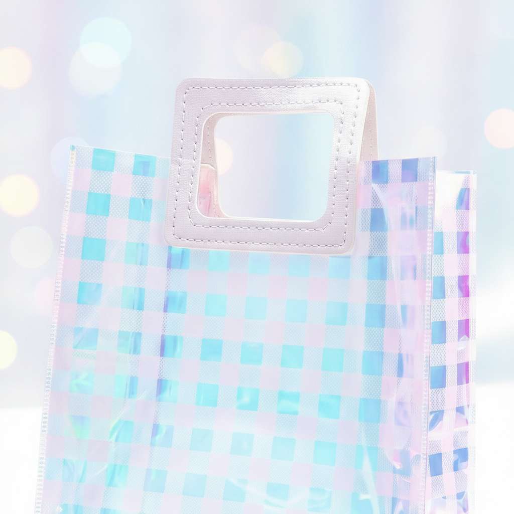 Macro close-up of holographic square-grid iridescent gift bag and handle