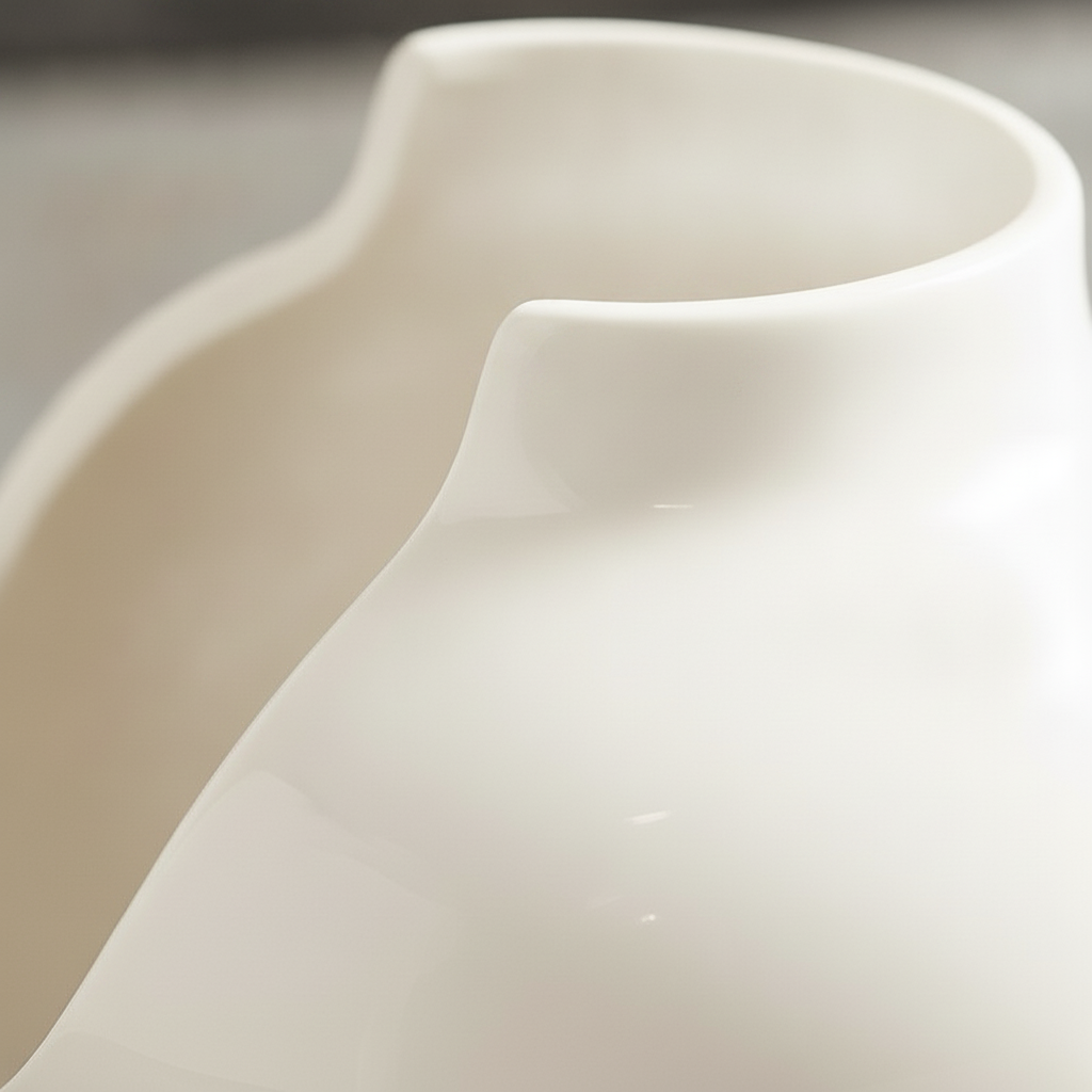 Macro close-up of the clean cream porcelain vessel spout and rim