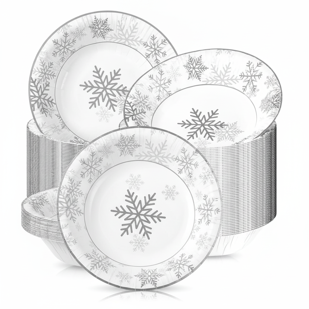 Stack of white paper bowls with bold silver snowflake print on white background