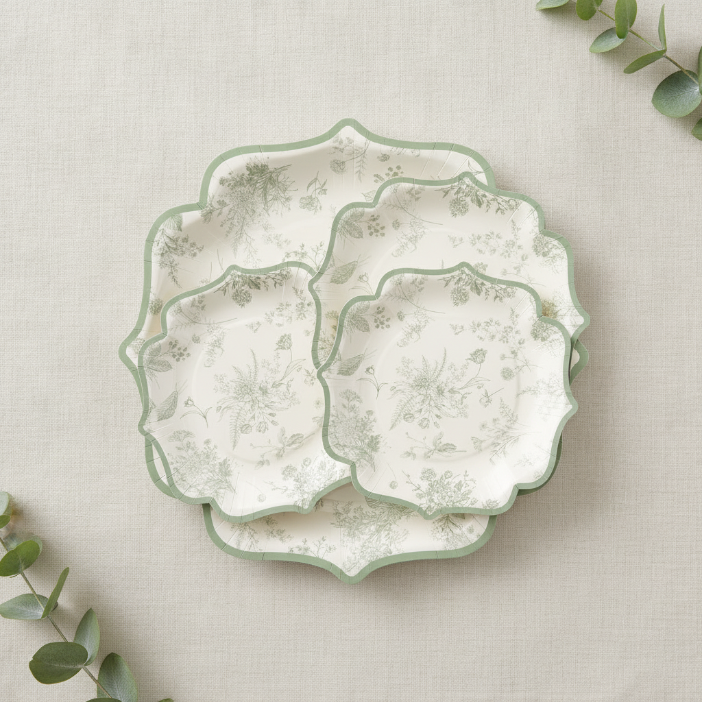 Overhead flat-lay of ornate quatrefoil sage toile paper plates on ivory linen