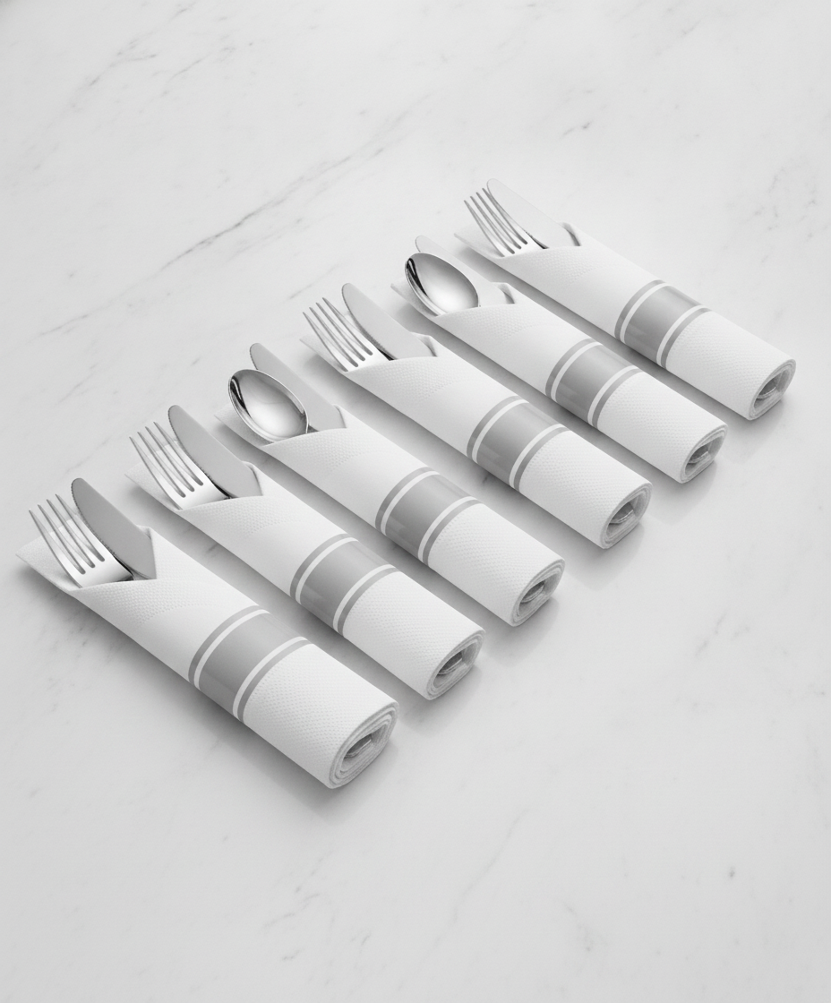 Row of pre-rolled silver plastic cutlery bundles in white napkins with silver bands, ready for a large event