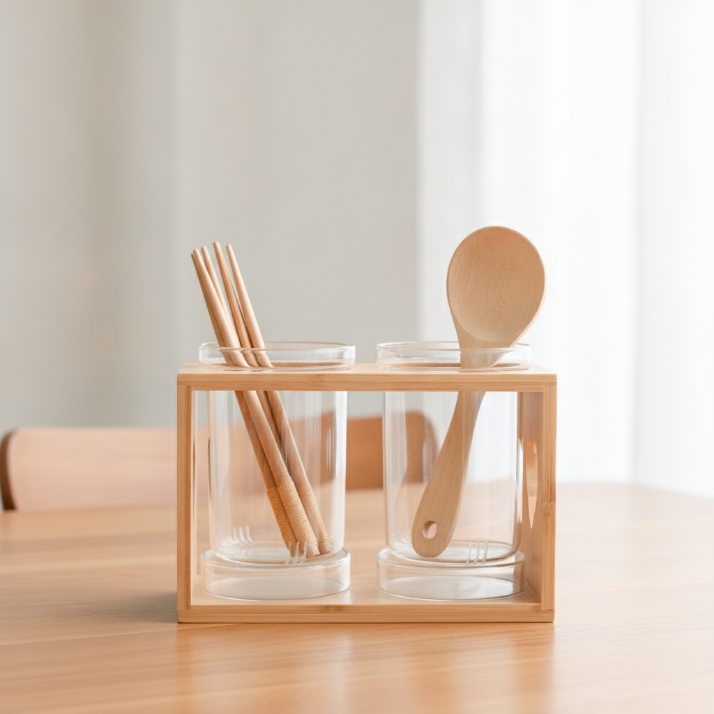 Glass and wood utensil holder with two clear glass cups in an open wood frame on a dining table