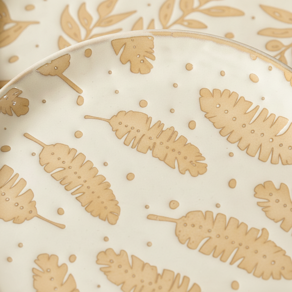 Close-up of the tonal beige botanical leaf pattern and glaze on the ceramic plate