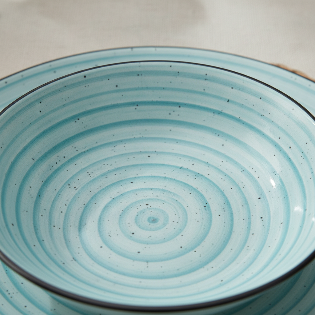 Close-up of teal spiral brushstroke pattern and navy rim on stoneware plate