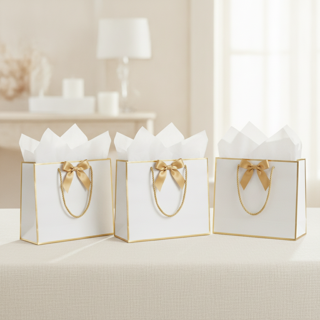 Three white gold-trim gift bags with gold bows on a linen surface