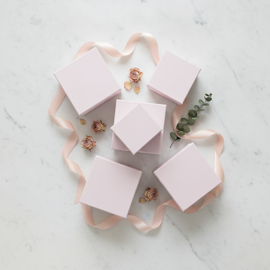 Blush pink square nesting gift boxes overhead flat-lay with dried flowers and ribbon