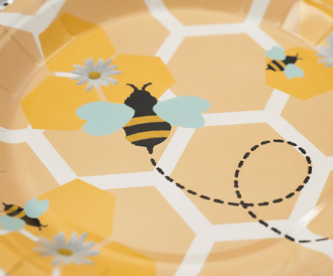 Macro close-up of the bee and honeycomb paper plate print