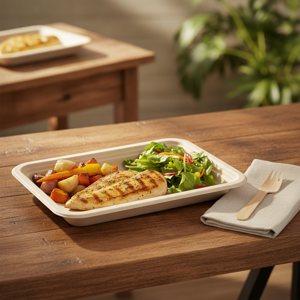 Natural tan compostable bagasse tray holding a main and two sides on a rustic buffet table