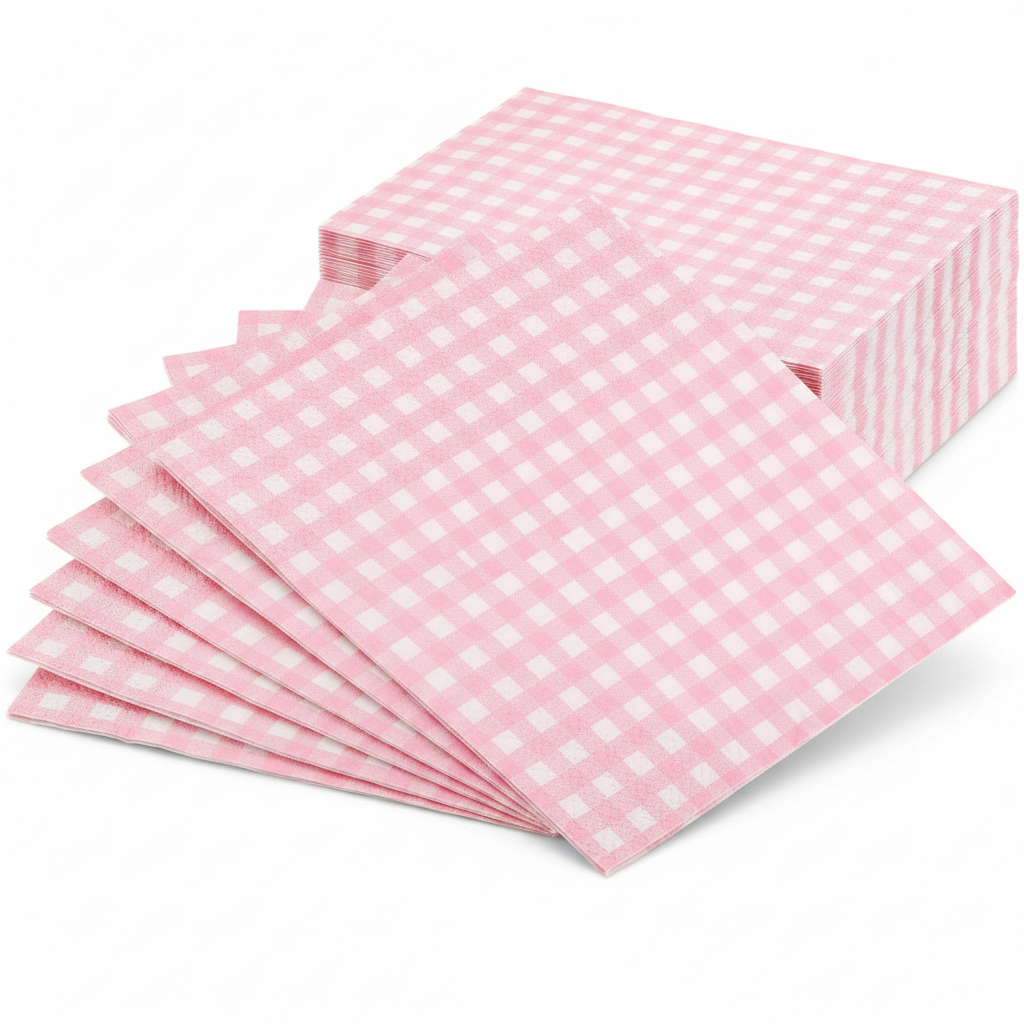 Close-up of fanned pink and white gingham check paper napkins
