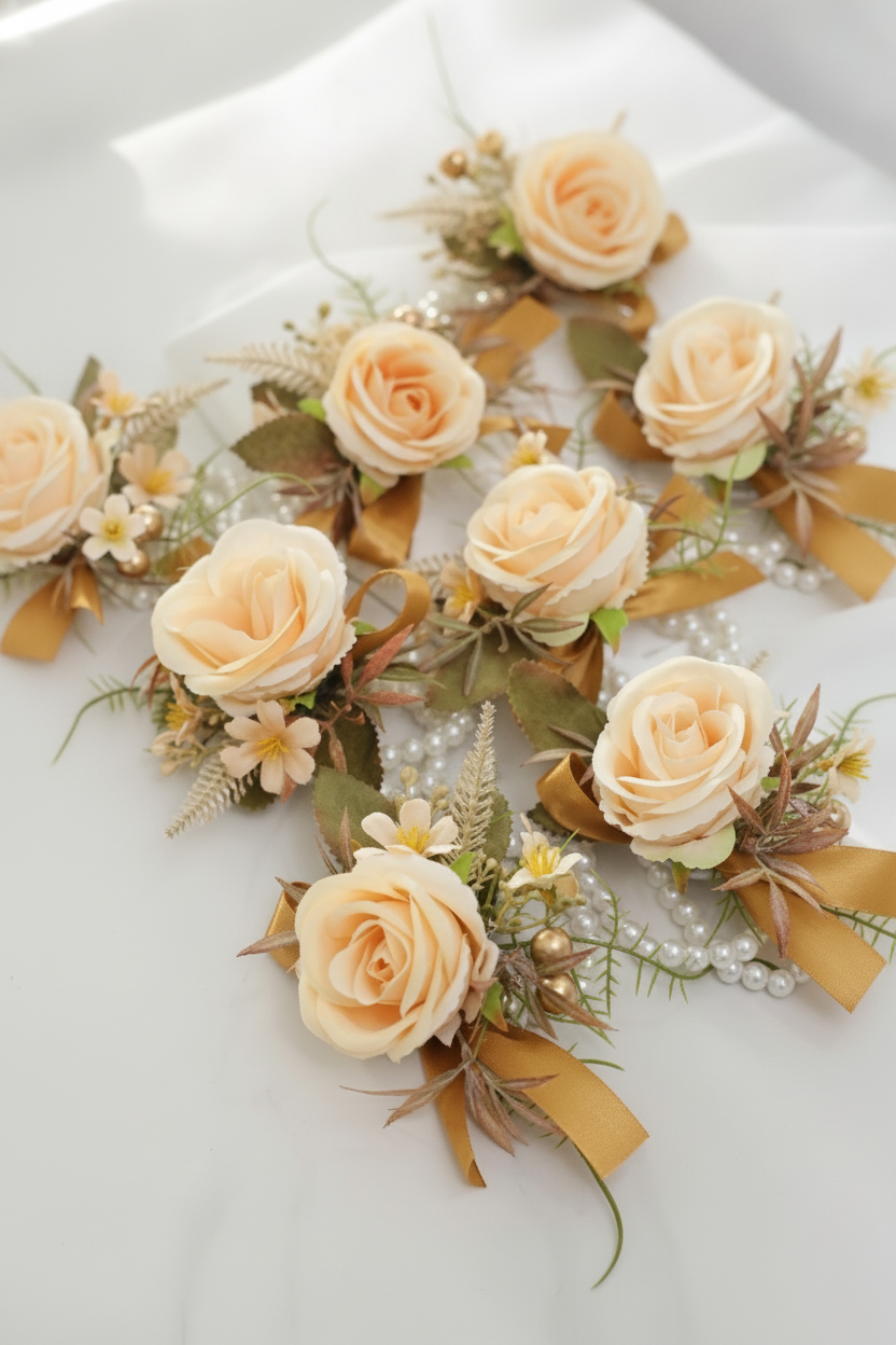 Set of 6 champagne silk rose wedding wrist corsages on white background