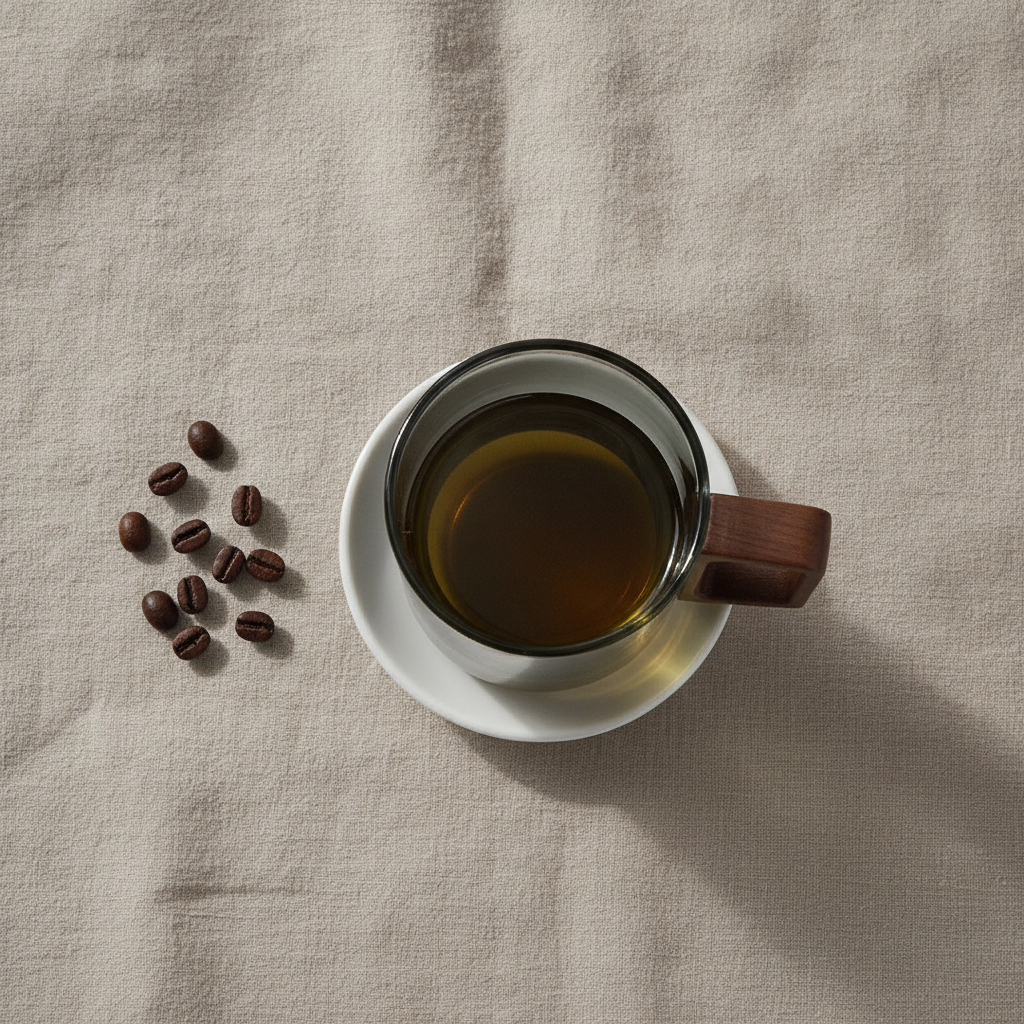 Overhead flat-lay of the borosilicate glass mug on linen with coffee beans