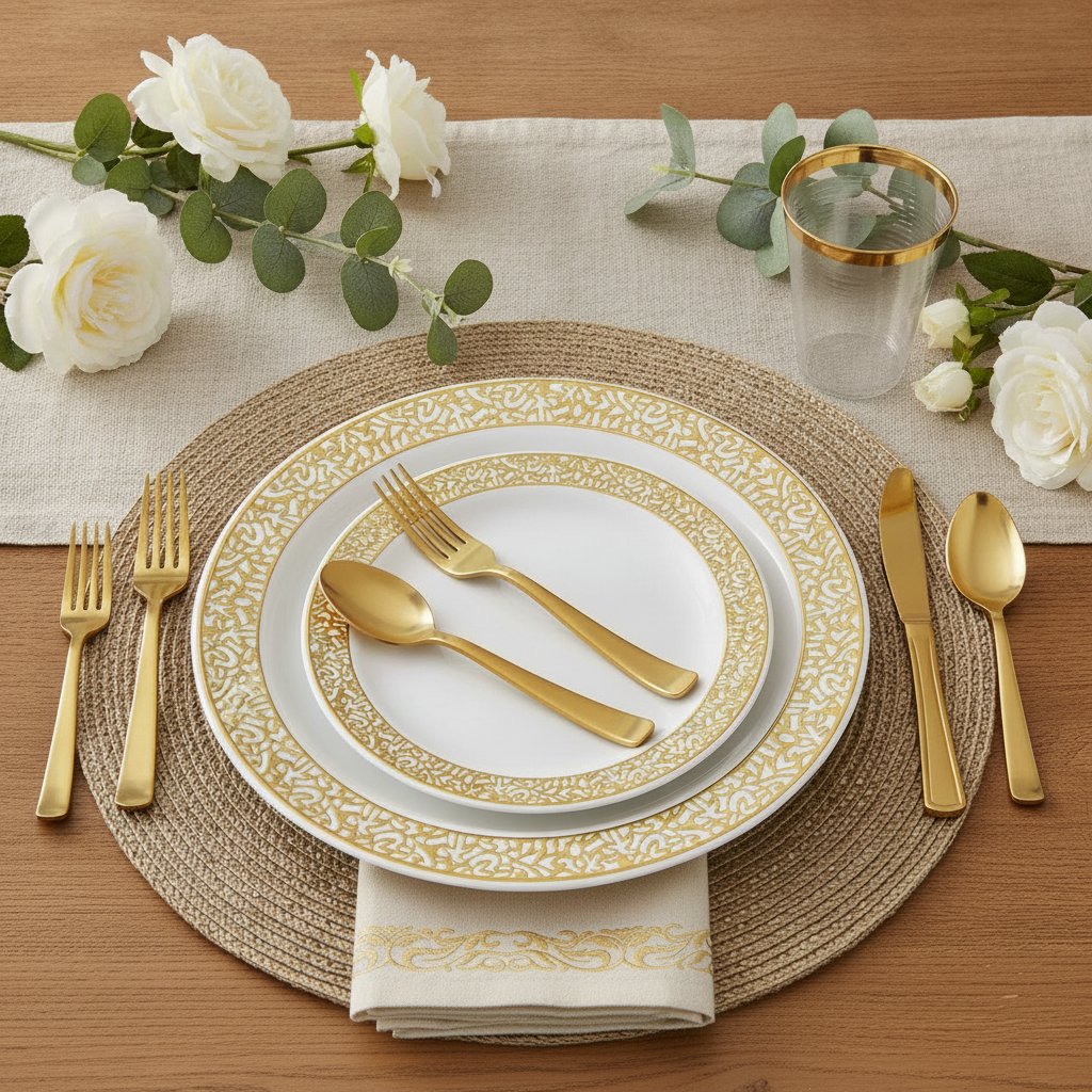 Macro detail of the intricate gold lace rim pattern on a white disposable plate