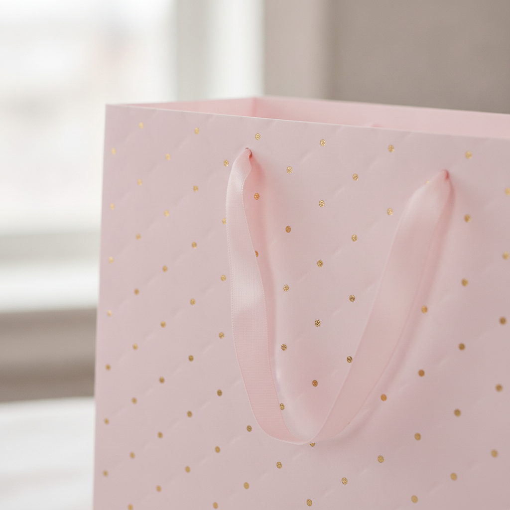 Macro close-up of blush pink gold-polka-dot gift bag and pink ribbon handle