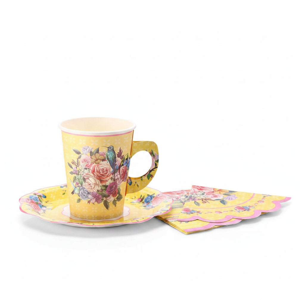 Yellow floral paper tea cup with handle on scalloped paper plate with napkin, disposable party set