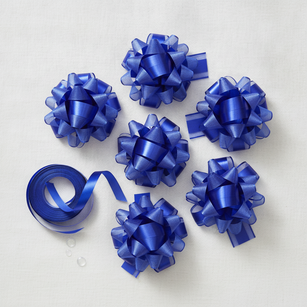 Flat-lay of several royal blue pull bows with a coil of ribbon