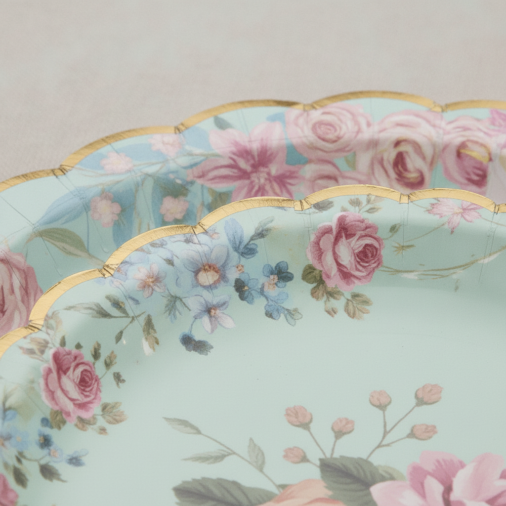 Macro detail of the scalloped edge, gold rim and printed roses on a floral paper plate