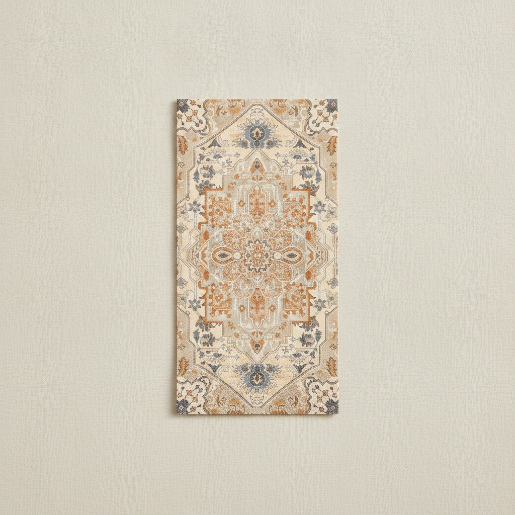Unfolded rectangular boho paper guest napkin laid flat showing the full orange and cyan pattern