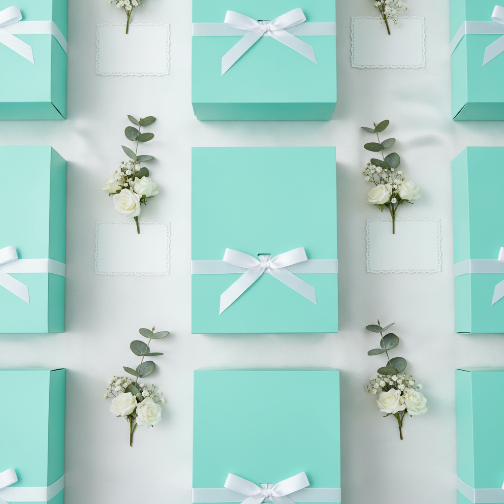 Row of turquoise teal favor boxes with white ribbons on an event table