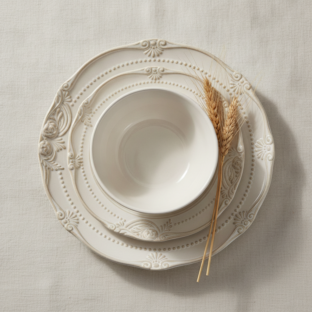 Overhead flat-lay of cream embossed-relief ceramic plate and bowl set on linen