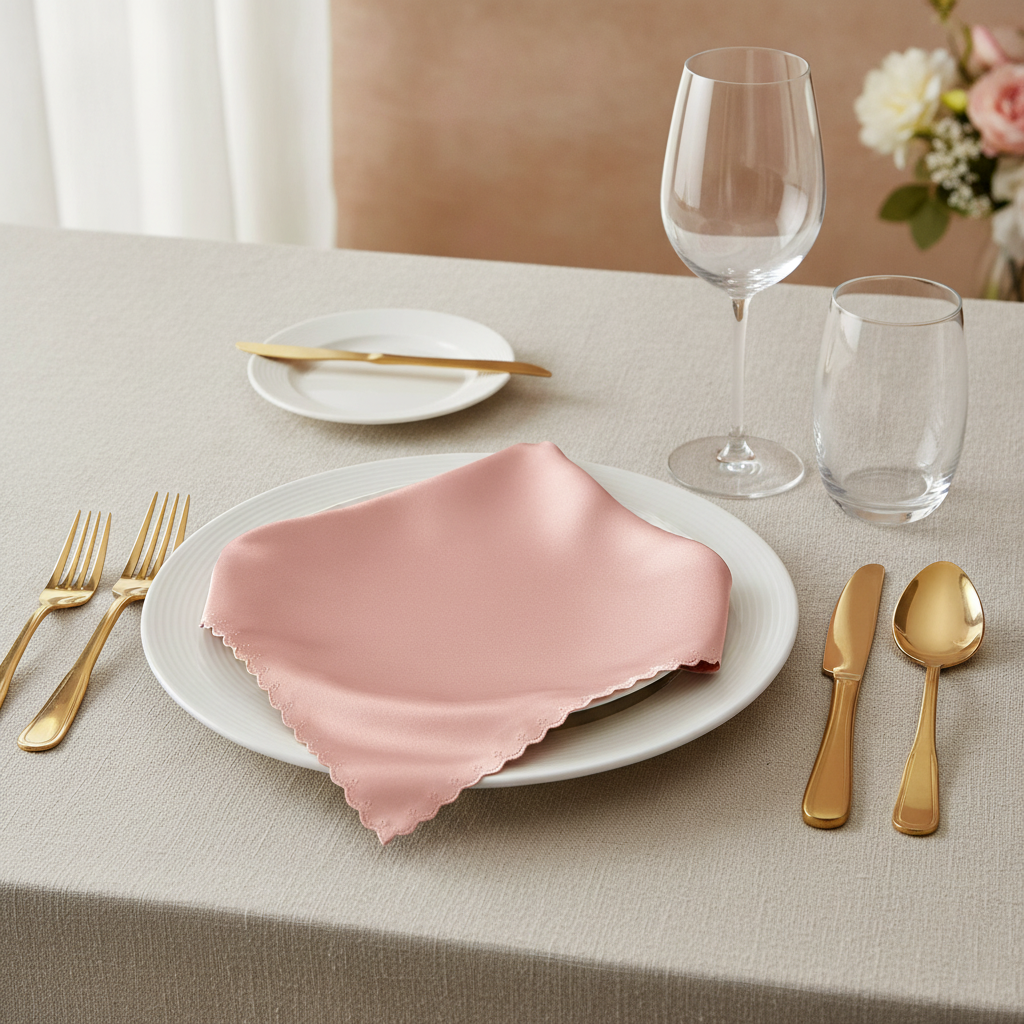 Rose gold satin napkin folded on plate with gold flatware place setting