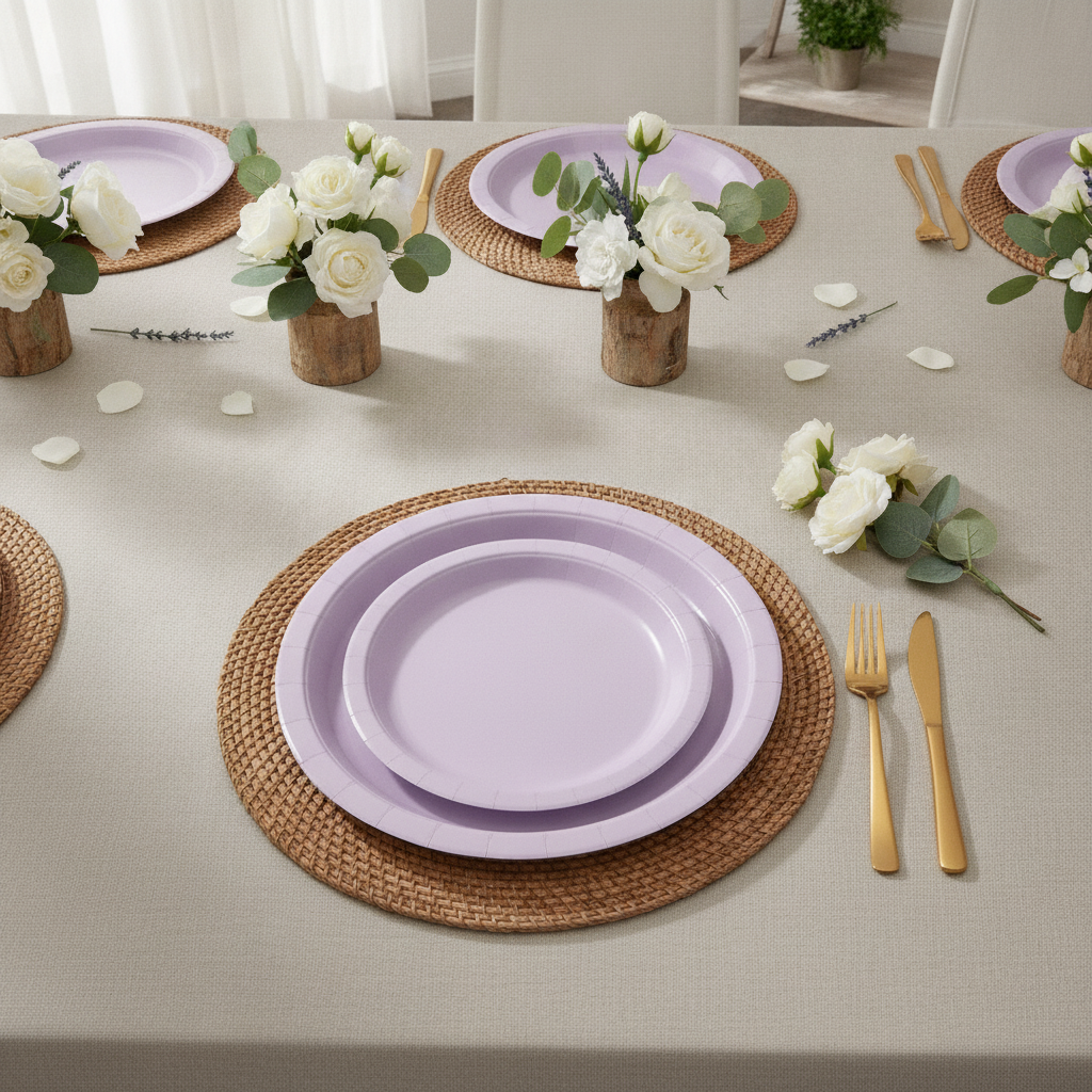Bridal shower table with lavender disposable plate place settings and white florals