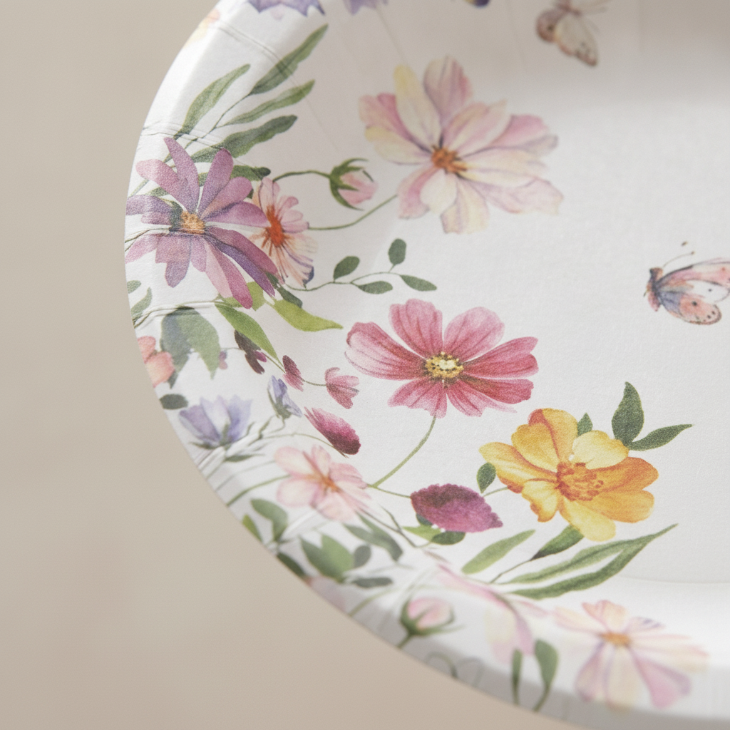Macro close-up of spring floral watercolor disposable paper plate with butterflies