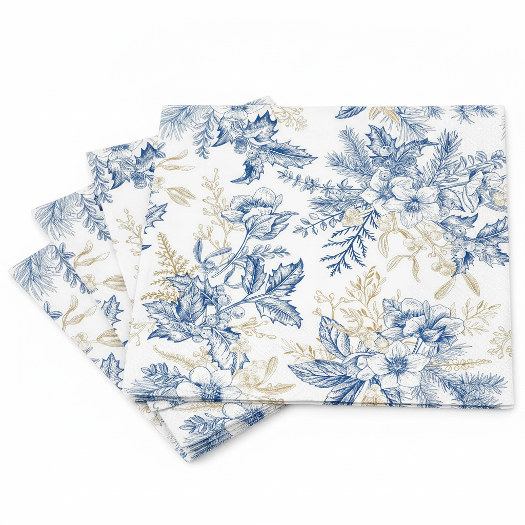 Close-up of fanned blue and gold botanical floral paper napkins