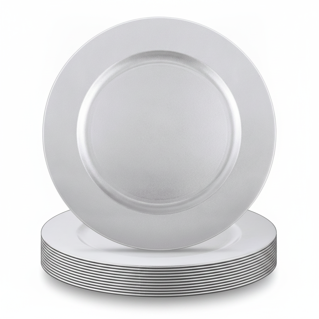 Stack of silver-white round charger plates on white background