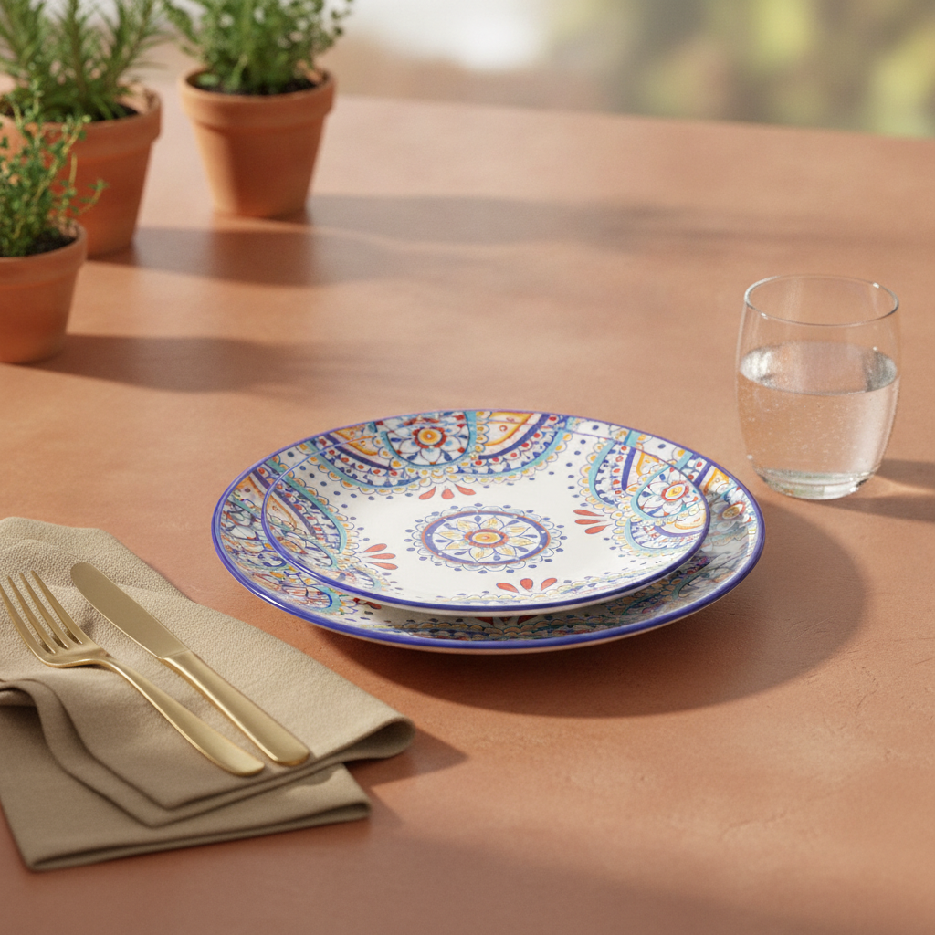 Place setting with stacked Mediterranean tile-mandala ceramic plates on a terracotta table