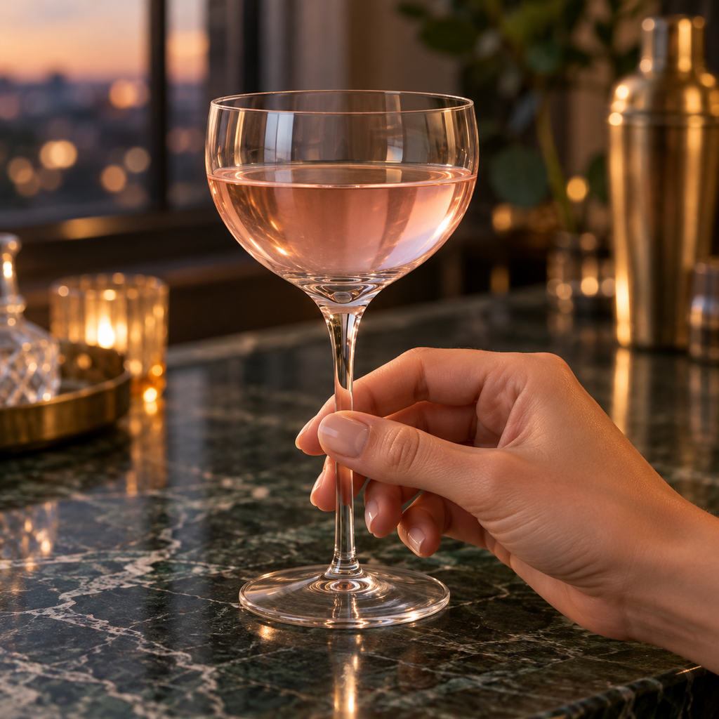 Hand holding a rounded crystal cocktail glass with a pale pink drink at a home bar