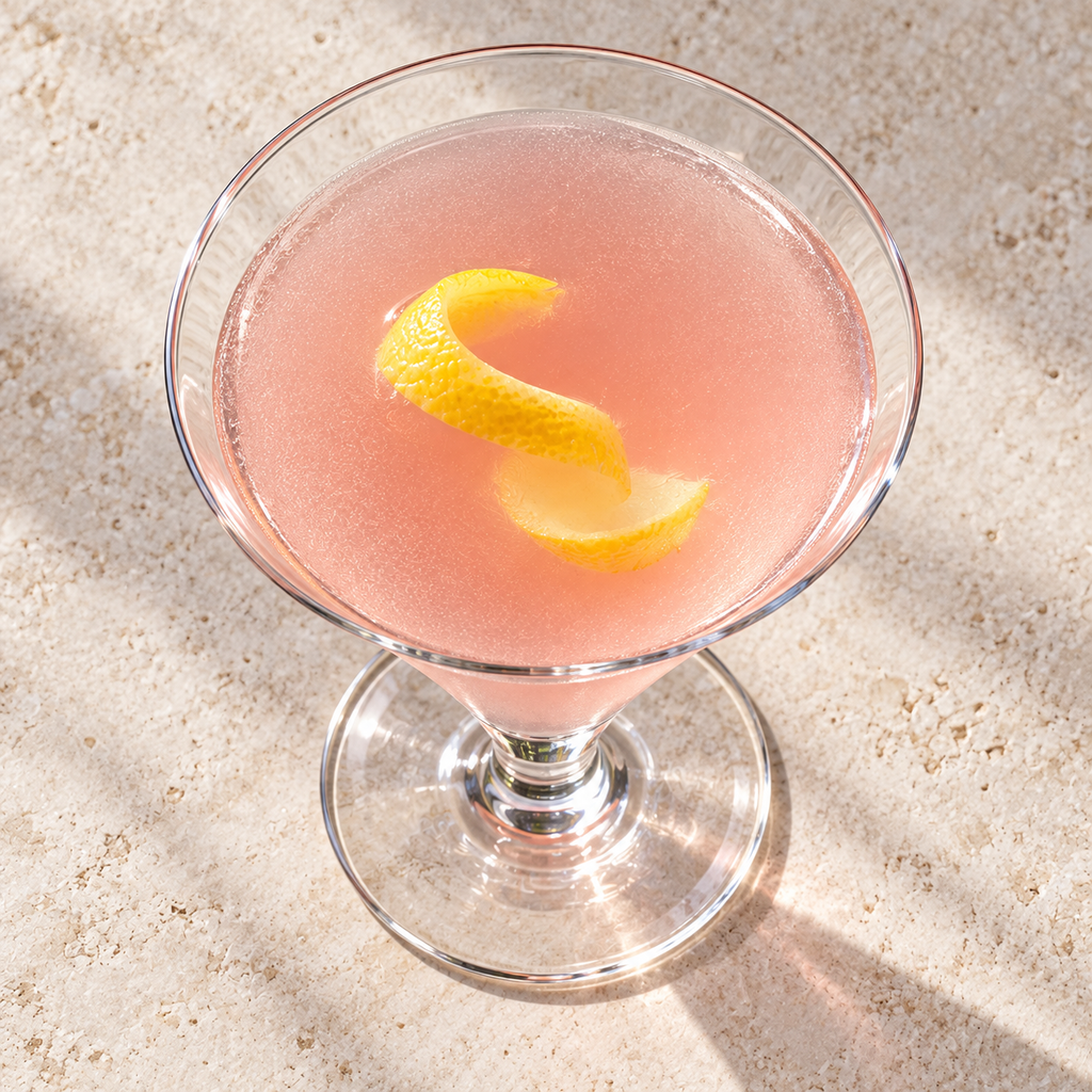 Short Conico cocktail glass viewed from above with a lemon twist