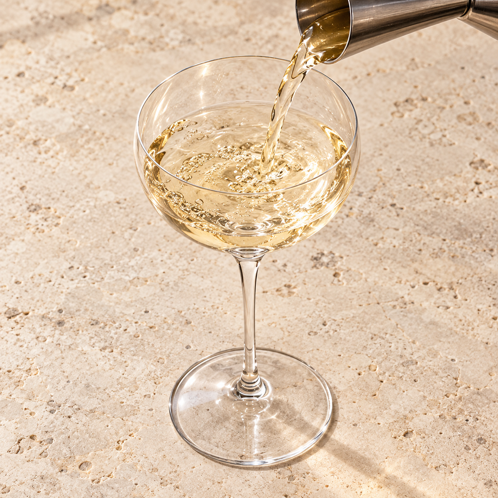 Coppa crystal glass cocktail pour from an elevated angle