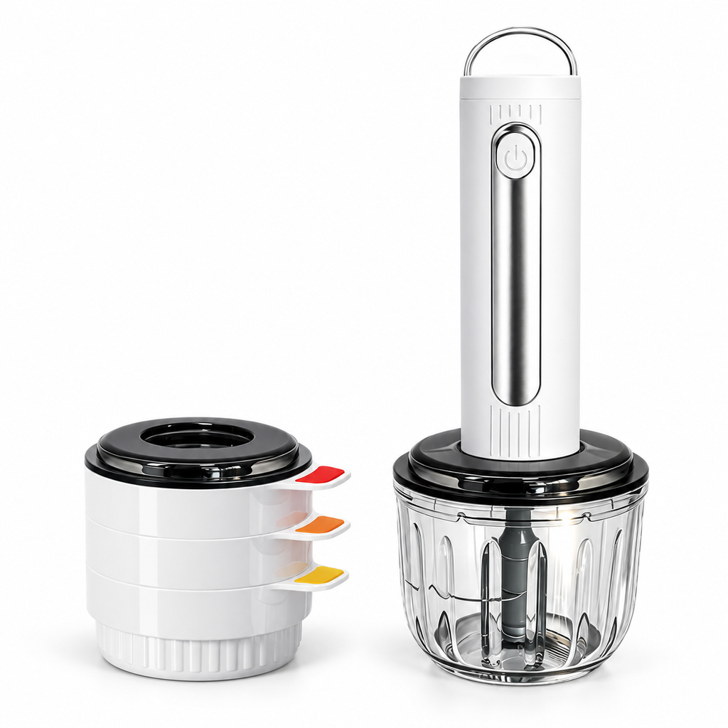 Cordless food chopper with white motor, glass bowl and three stacked white bowls