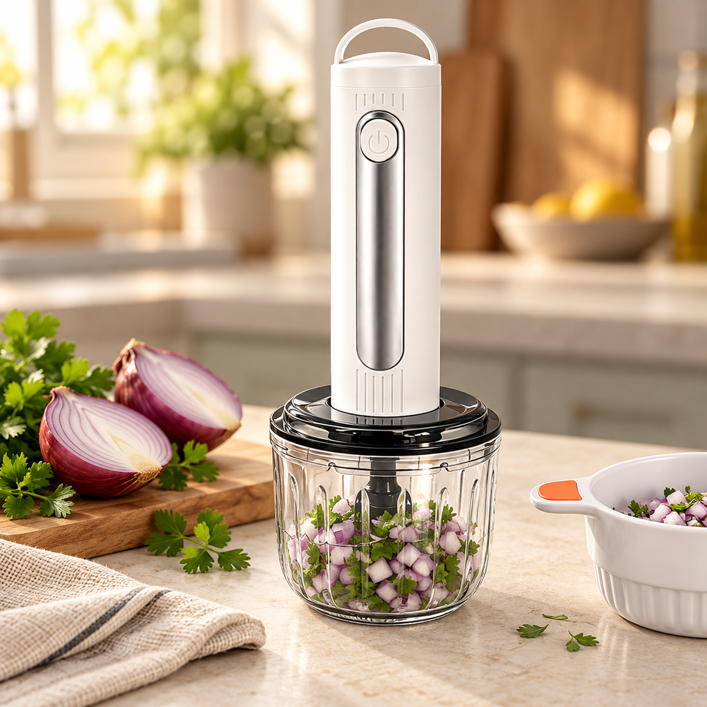 Cordless food chopper with chopped onion and herbs on a kitchen counter
