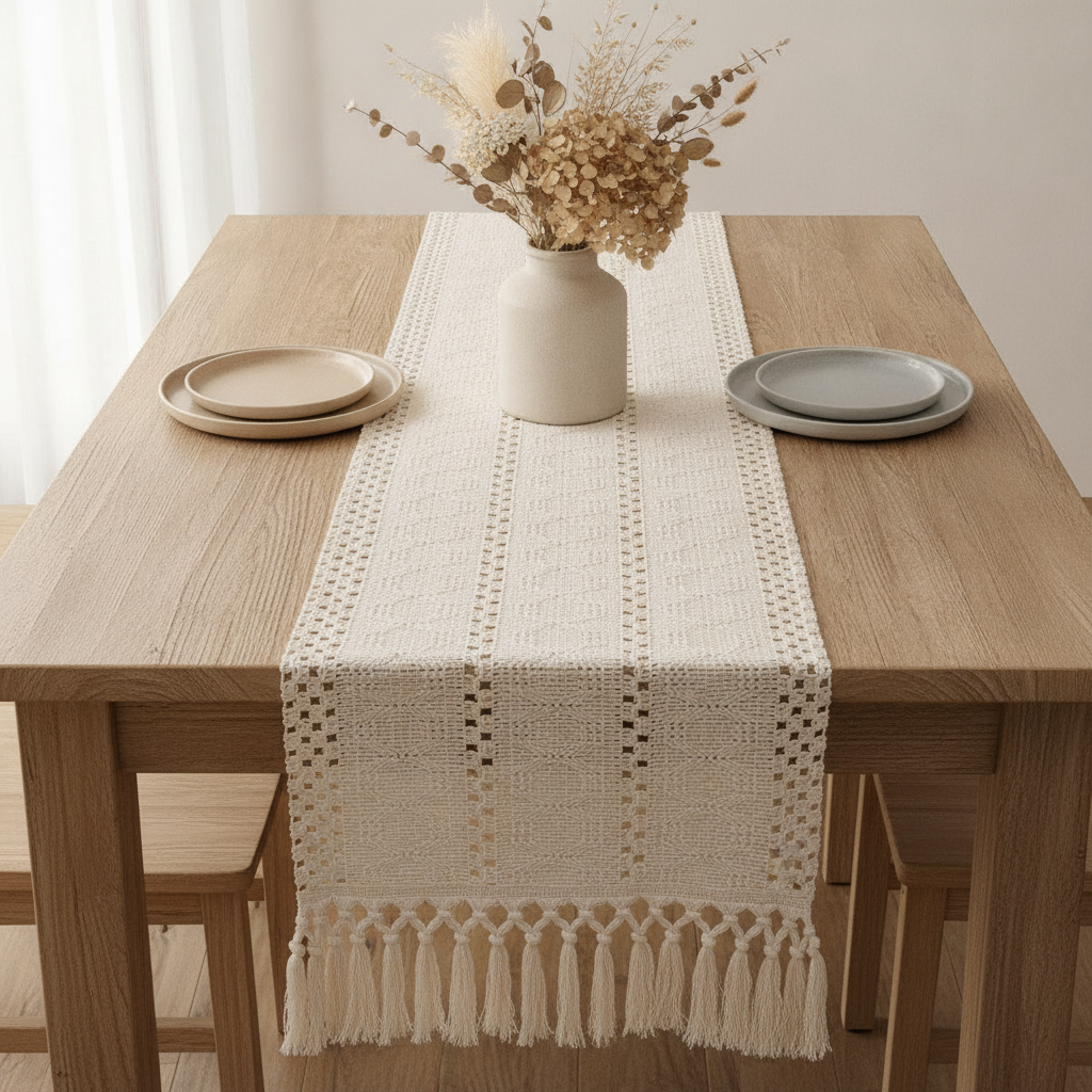 Ivory macrame table runner running down a rustic wood dining table with dried florals and neutral ceramic plates