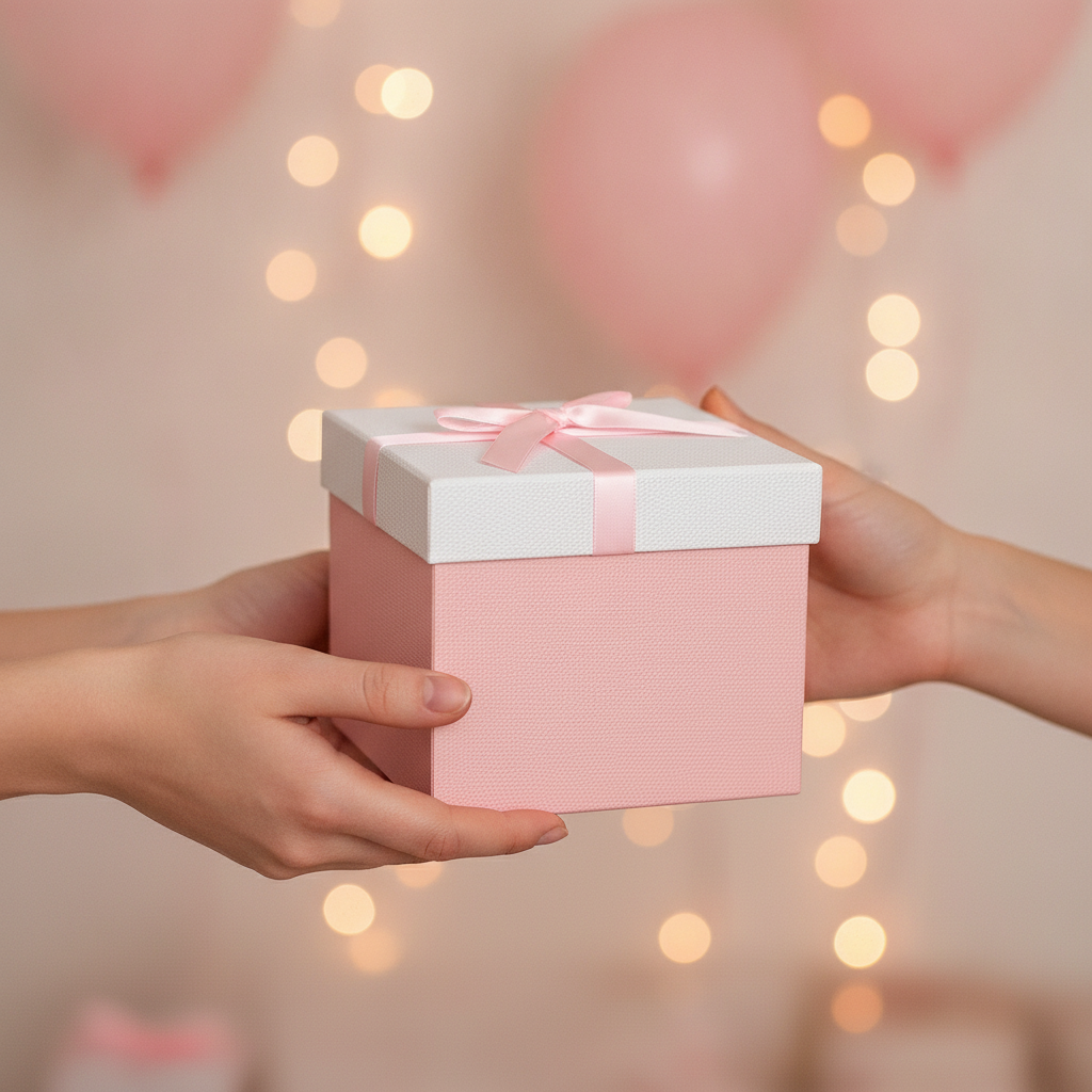 Hands offering a pink gift box with white lid and pink ribbon bow as a present
