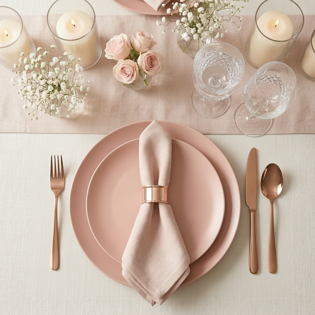 Blush disposable plates in an overhead wedding place setting with rose gold cutlery and baby's breath