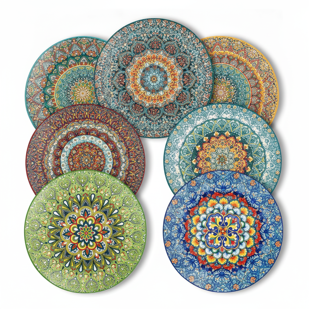 Set of six bohemian mandala ceramic dinner plates fanned on white