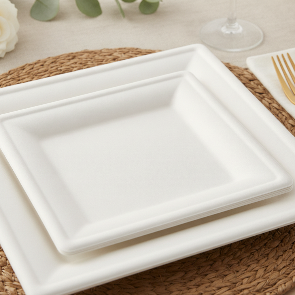 Close-up of molded white square bagasse compostable plate texture and rim