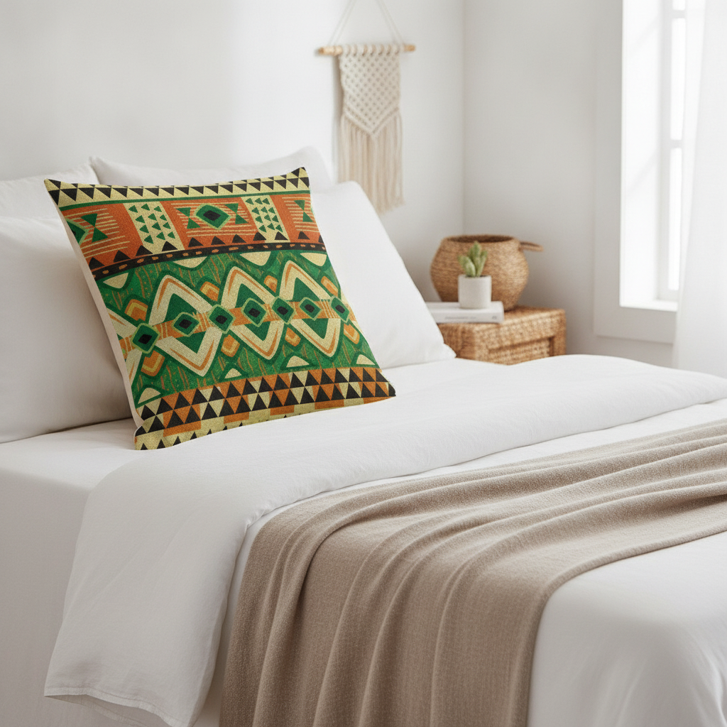 Green and orange boho cushion styled on a white linen bed — Maison's Kitchen