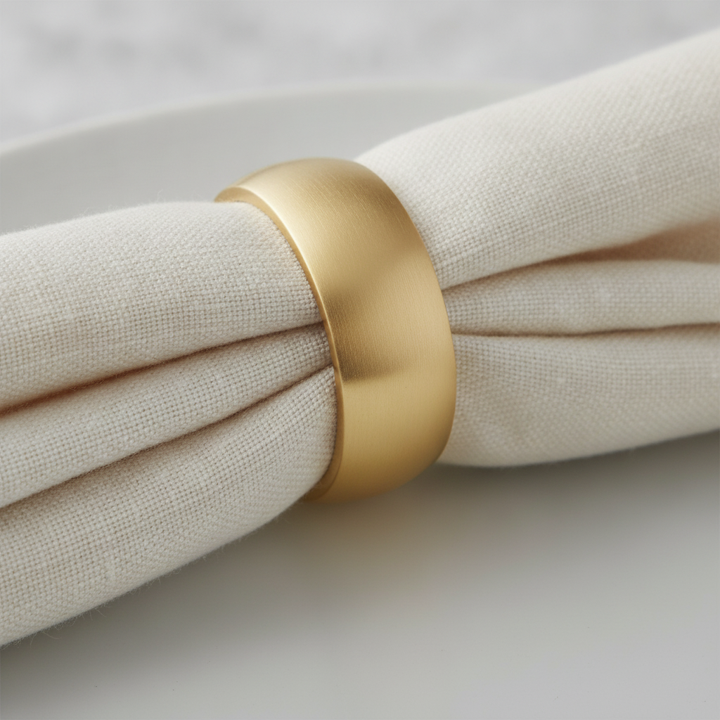 Close-up of a smooth matte gold napkin ring on a napkin