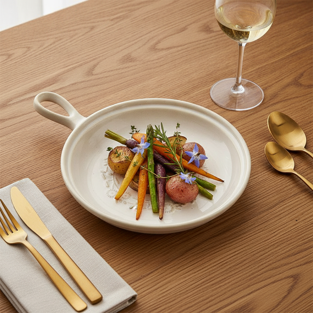 Ghirlanda handled dish plated with roasted vegetables in a fine-dining place setting