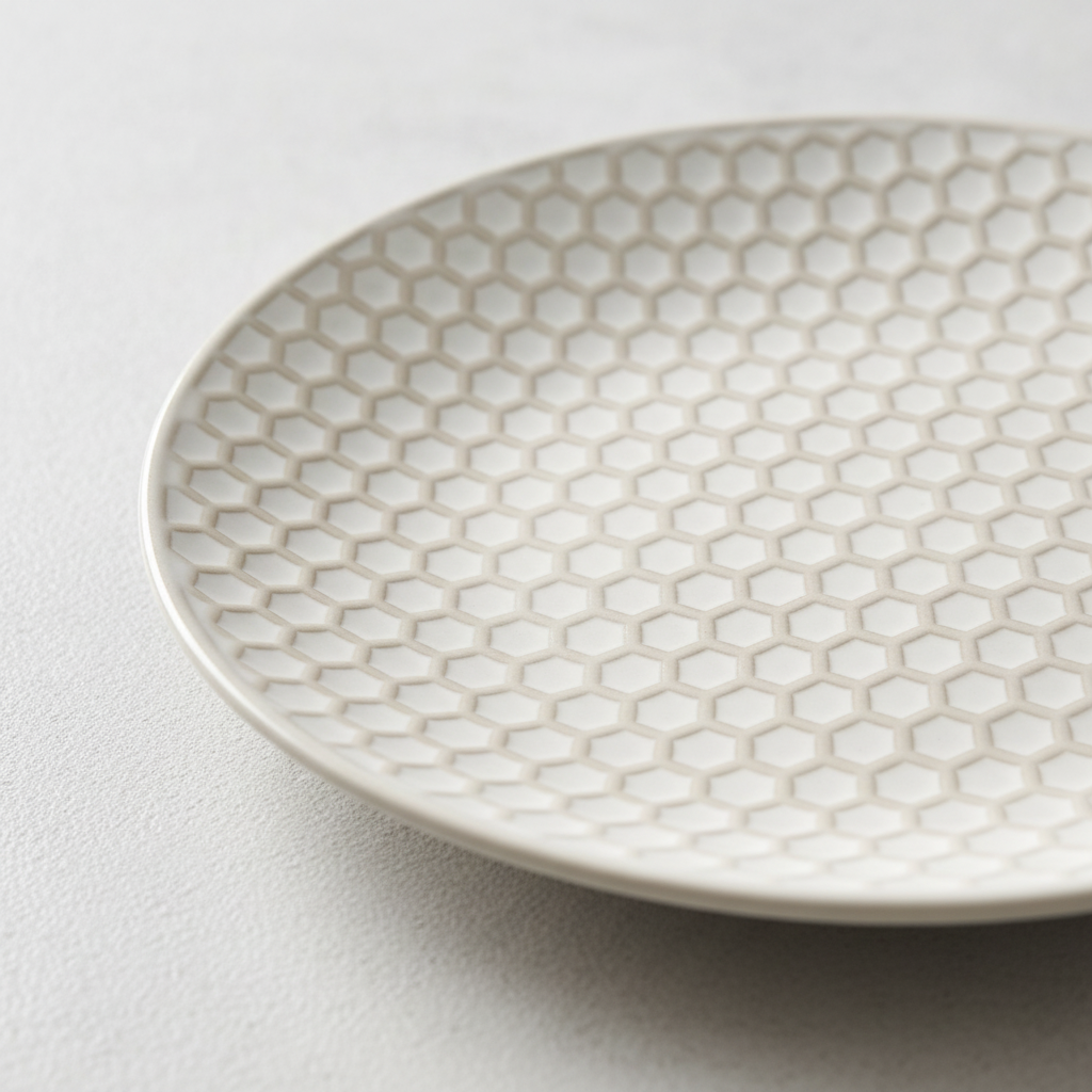 Macro close-up of the raised honeycomb relief and reactive glaze on the porcelain plate