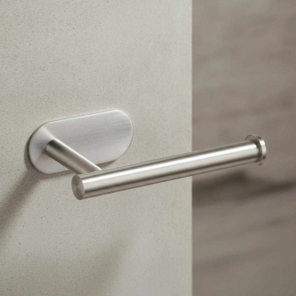 Brushed steel toilet roll holder mounted empty on concrete bathroom wall